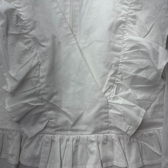 Express Blouse Crisp White Deep VNeck Ruffle Trim Bubble Shoulder Zip Closure XS - Picture 4 of 7
